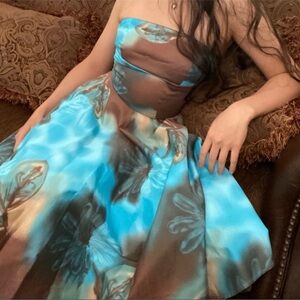 Vintage Strapless Dress in Blue and Brown Floral